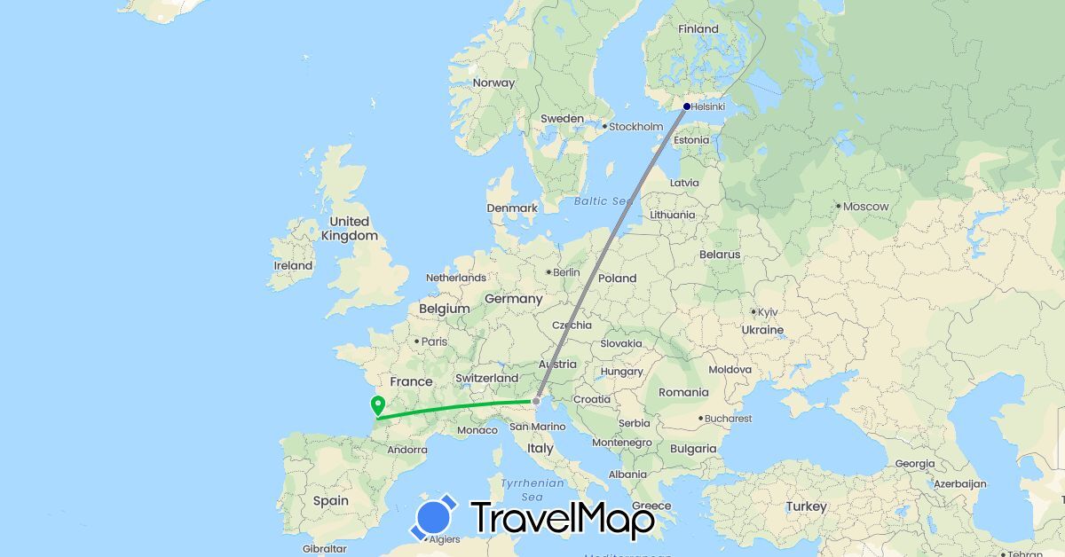 TravelMap itinerary: driving, bus, plane in Finland, France, Italy (Europe)